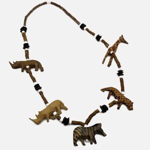 African Beaded fetish Necklace Hand-Carved Animals rhino zebra giraffe jaguar
